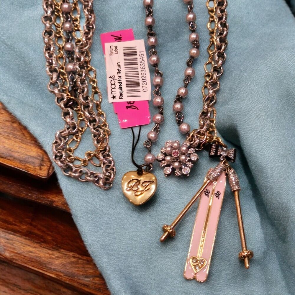 NEW Rare Betsey Johnson Long Layered Necklace with Extender Ski Poles Pink Skis